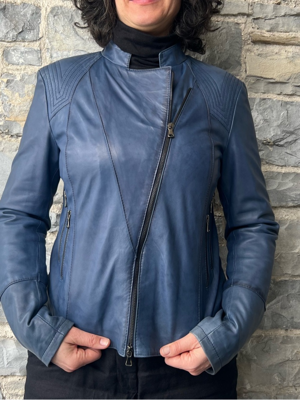 Blue Leather Asymmetrical Zip Moto Jacket